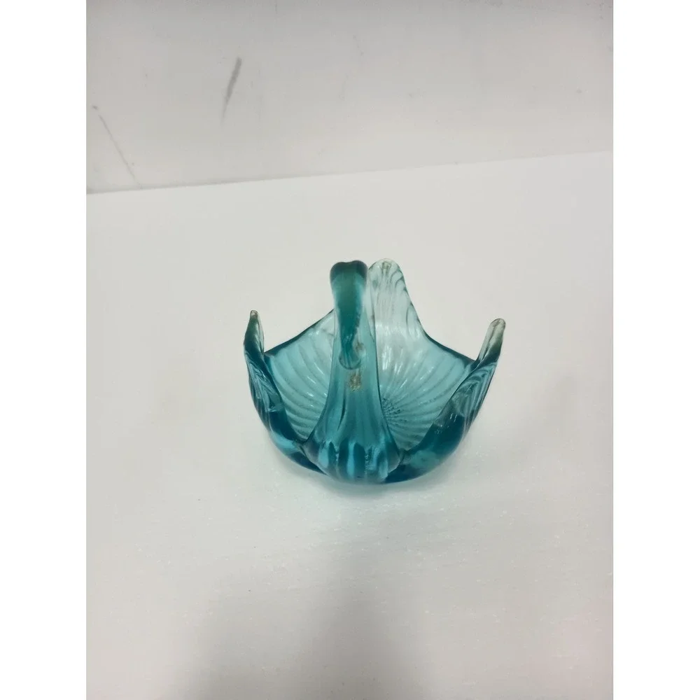 Vintage Art Glass Swan Bowl Blue Trinket Dish Decor Mid Century Modern Coastal